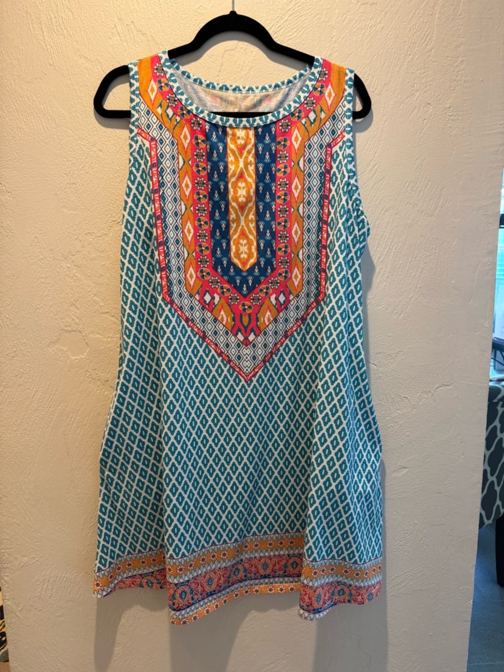 Sleeveless Teal Printed Shift Top with Multicolor Embellished Yoke